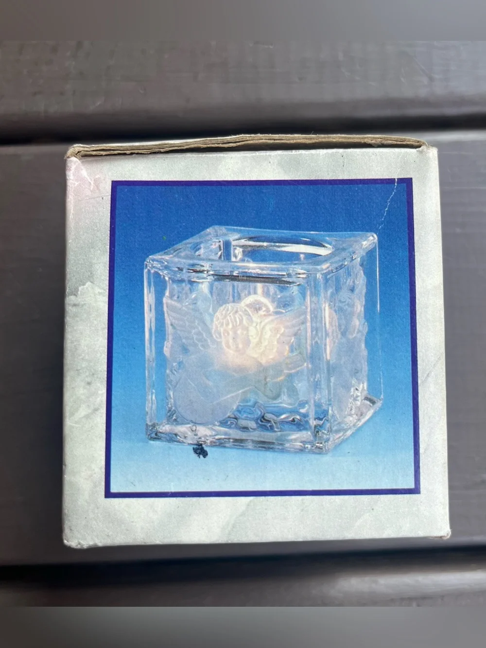 Vintage Frosted Glass Cherub Playing Lute Square Candle Holder Whimsy Ethereal